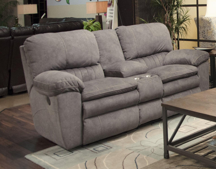 Catnapper Reyes Power Lay Flat Reclining Console Loveseat w/Storage & Cupholders in Graphite 62409