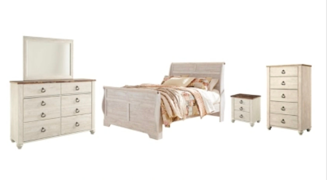Willowton Sleigh Bed, Dresser, Mirror, Nightstand, Chest Set