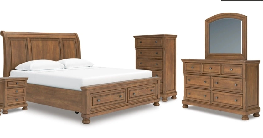 Feddinger King Storage Sleigh Bed with Mirror, Dresser, Chest and Nightstand